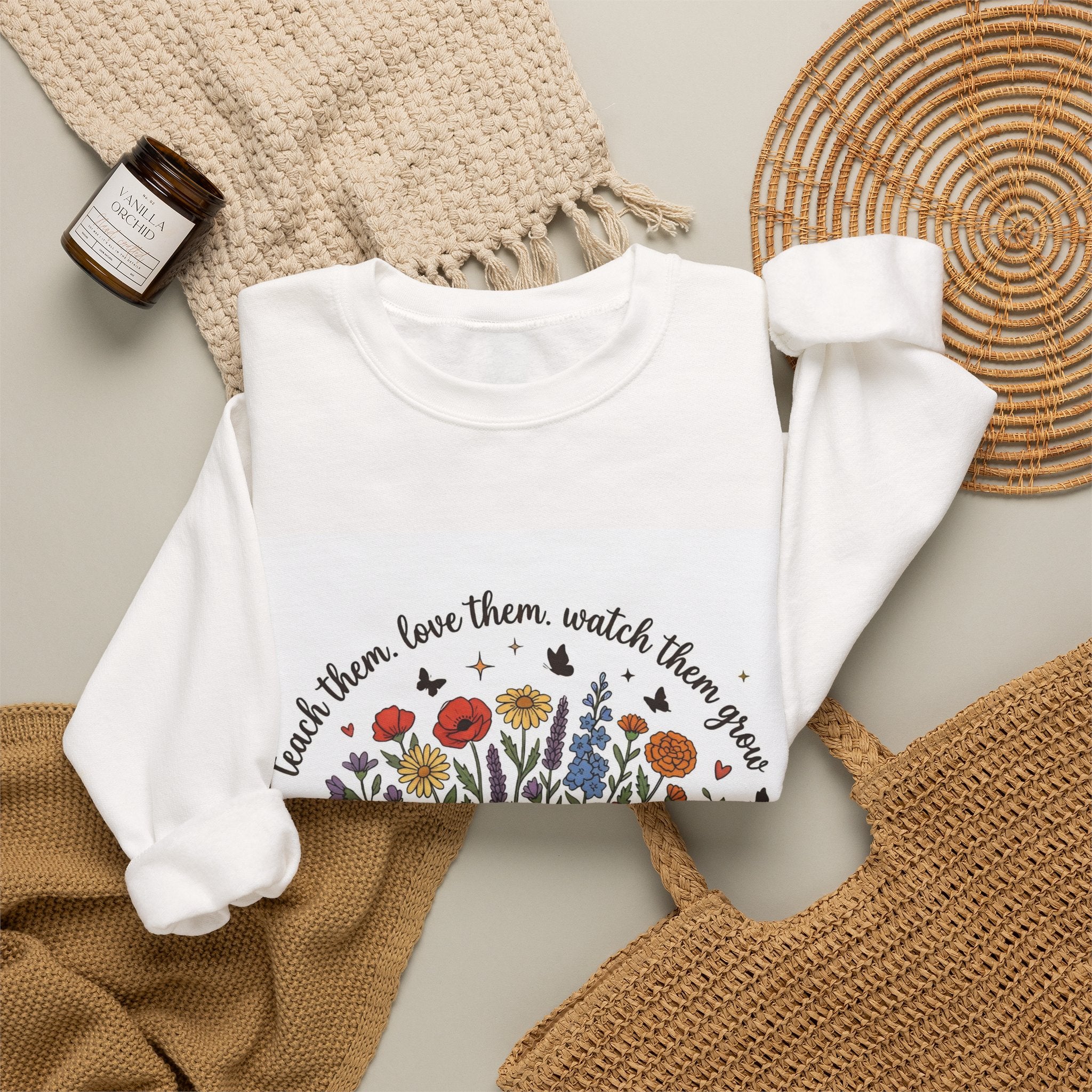 Teacher Crewneck Sweatshirt — "Teach them, love them, watch them grow" Floral Book & Pencil Design