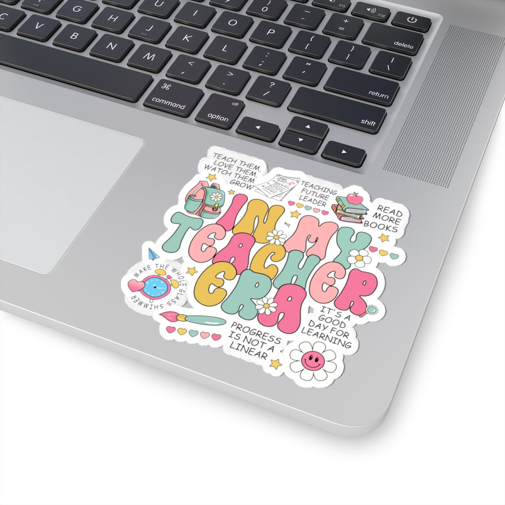 Funny Teacher Era Kiss-Cut Sticker — Cute Retro Classroom Quotes & Doodles